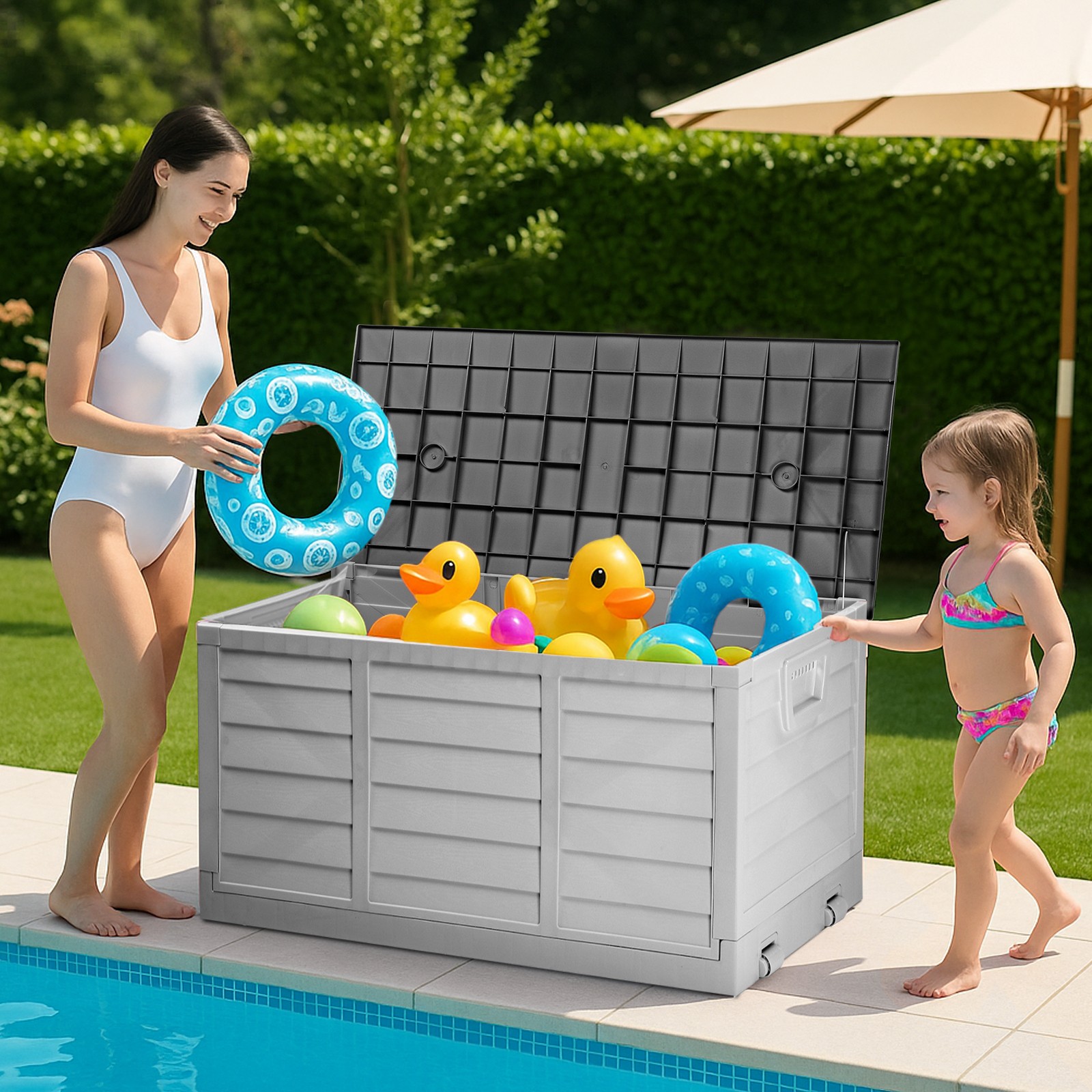 75 GAL Foldable Storage Deck Box Fast Installation with Wheels for In/Outdoor