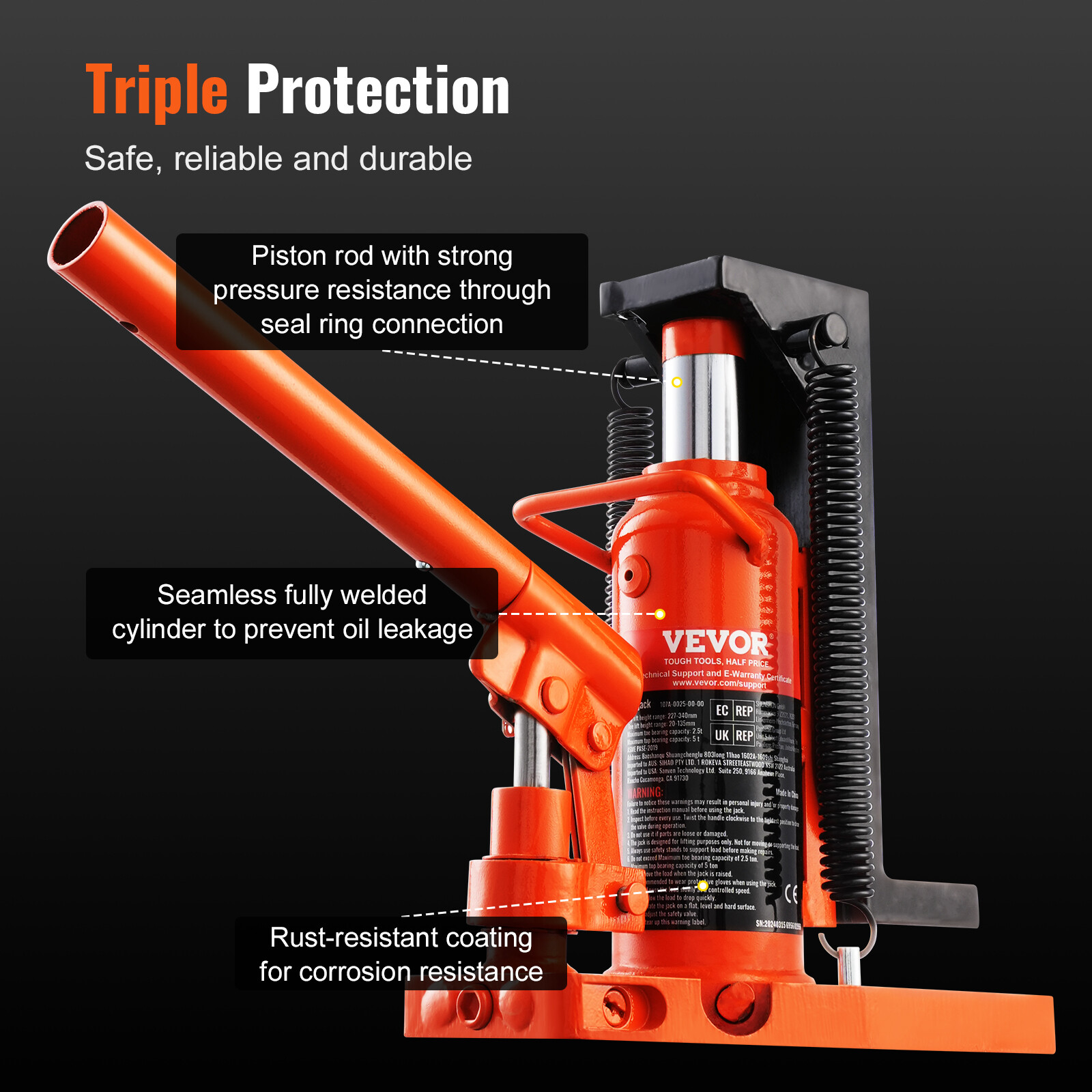 VEVOR Hydraulic Machine Toe Jack Lift Lifting Capacity 2.5 Ton Toe 5 Ton Top