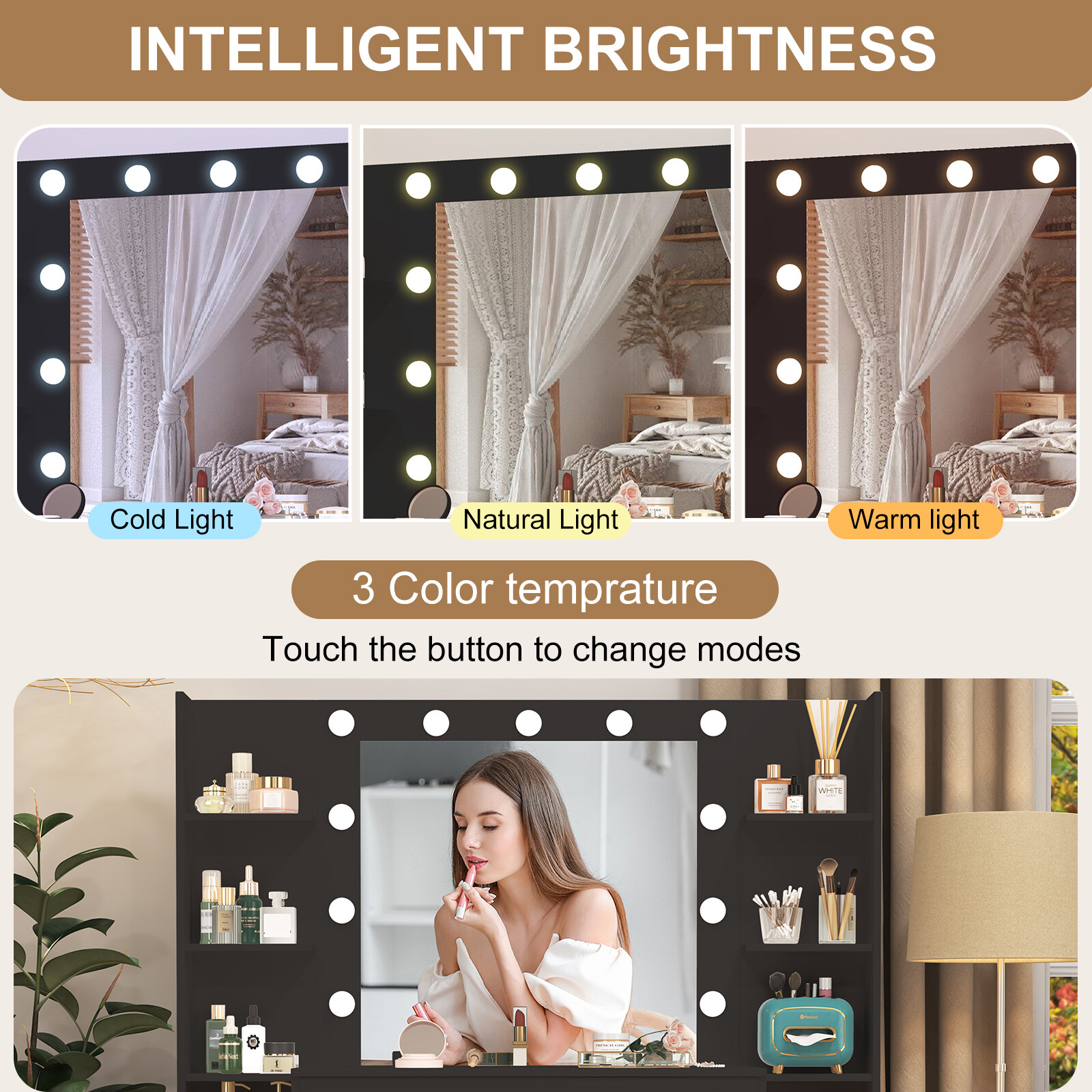 Vanity with Large Mirror and LED Lights Makeup Vanity Desk with 7 Drawers,Black