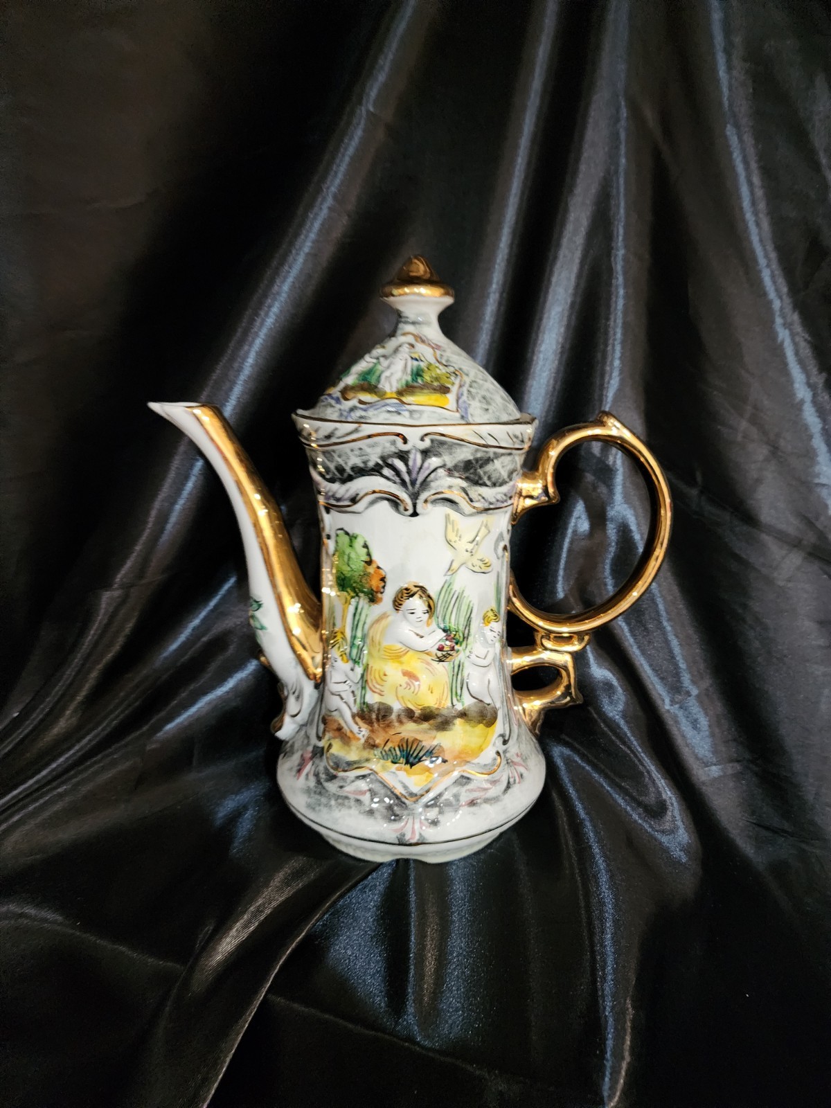 Vintage Pereiras Valado Porcelain Coffee Tea Set hand painted Portugal Cherubs