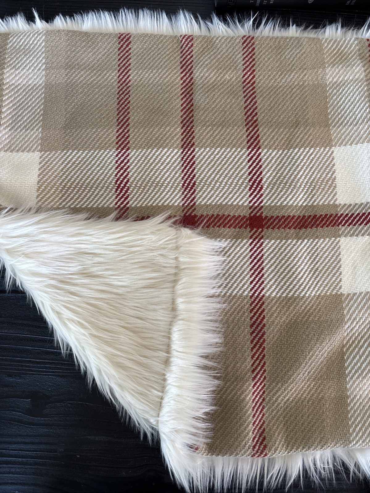 NEW Pottery Barn Emerson Plaid Faux Fur Back pillow Cover 22" sq Sample * Read