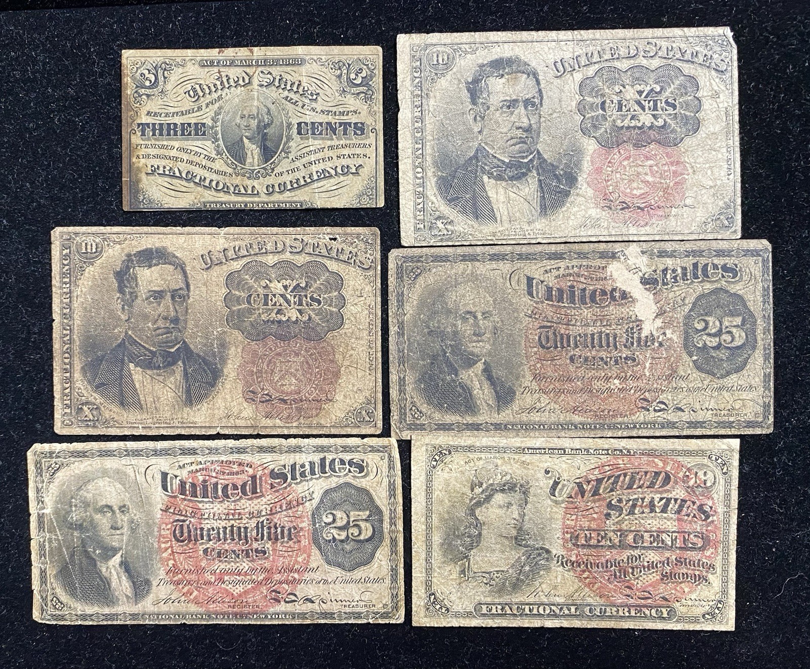 Mixed lot of  6 United States Fractional notes