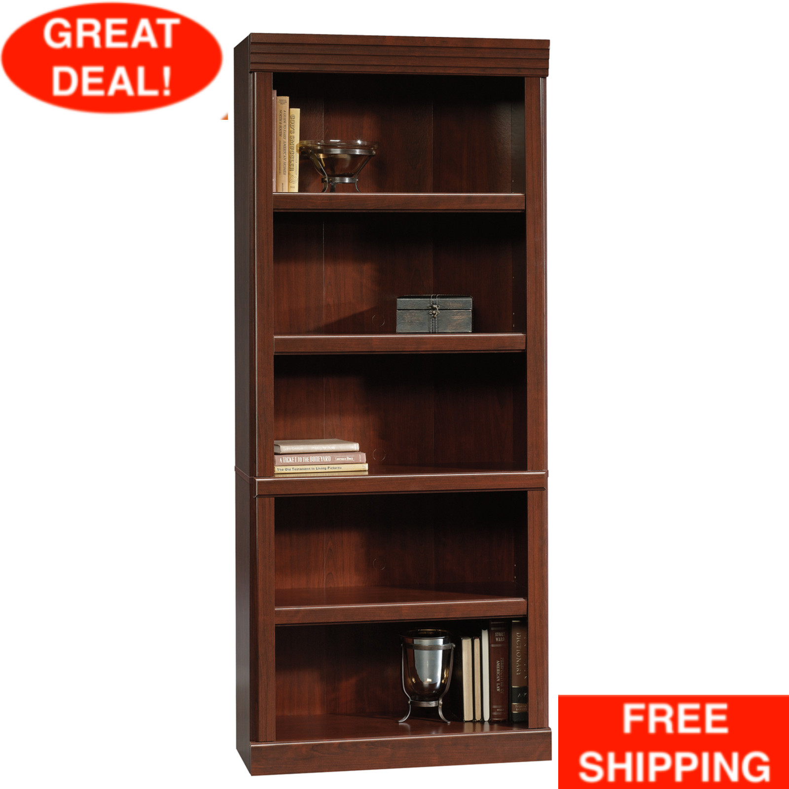 Bookcase 5 Shelf Cherry Adjustable Shelving Furniture Storage Book Bookshelf NEW