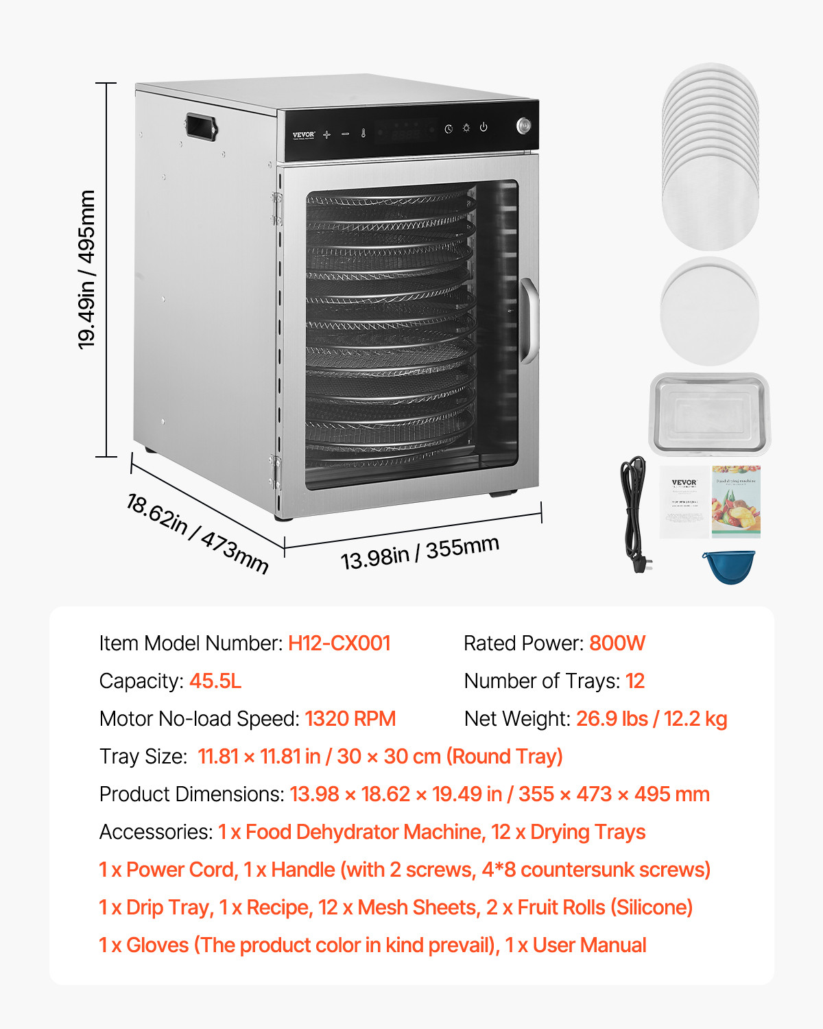 VEVOR 12 Trays Rotary Food Dehydrator Machine Stainless Steel 800W Jerky