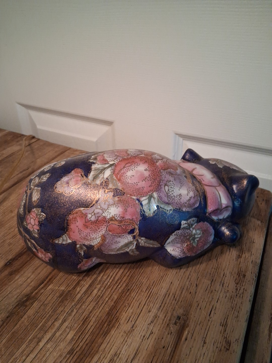 Vintage Asian Sleeping Cat 9.5" Floral Gilded Ceramic Porcelain Hand Painted