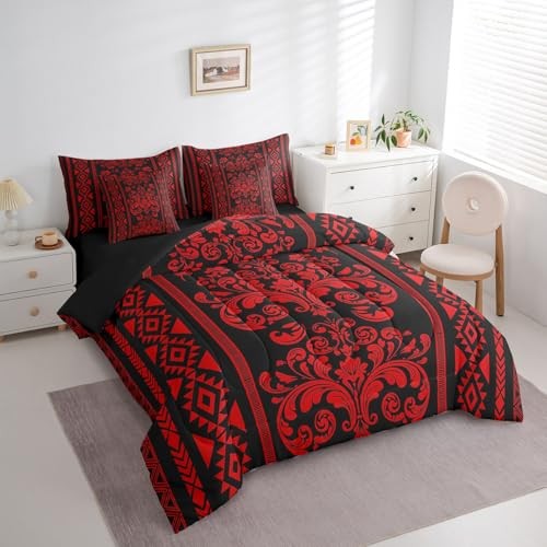 Victorian Decor Western Size Comforter Set with Sheets - Damask 7 King Red