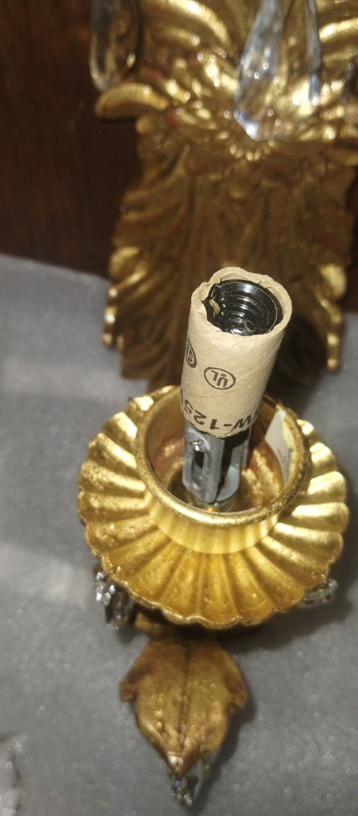 Hollywood Regency Gold Gilt Wall Sconces w/ Crystals – Ornate Electric Pair