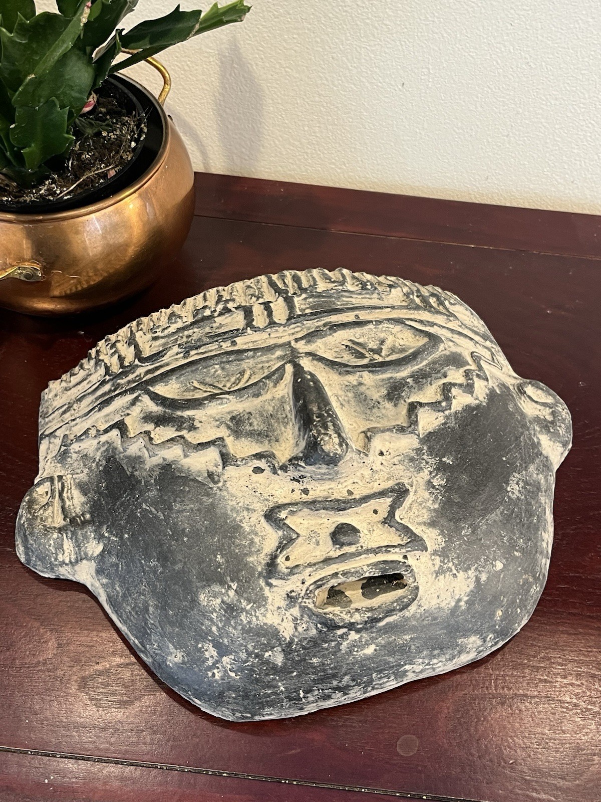 Folk Art Handmade Ceramic Mask Wall Plaque Earthy Rough Artisanal 10.5”x7.75”