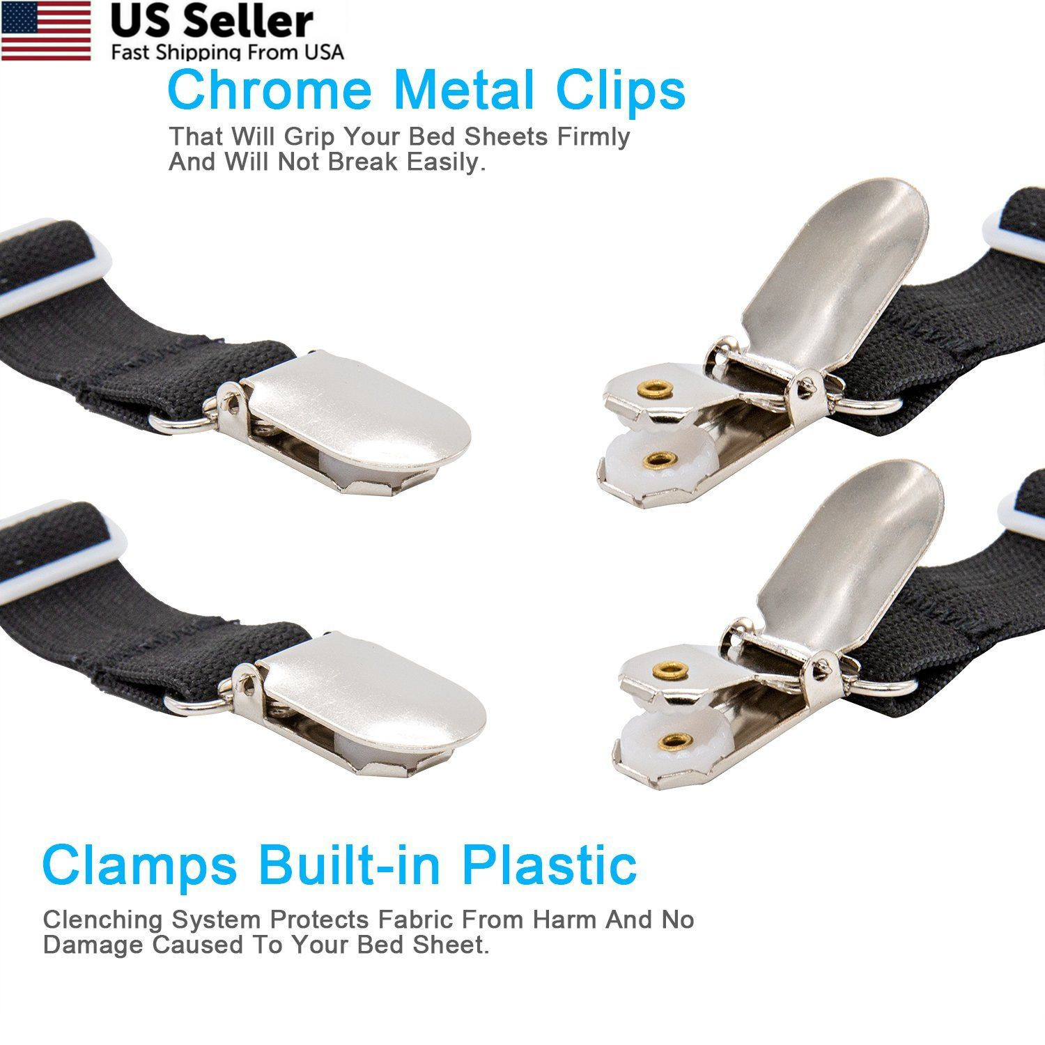BetyBedy 4Pcs Adjustable Bed Sheet Fasteners Elastic Straps Clips FROM USA