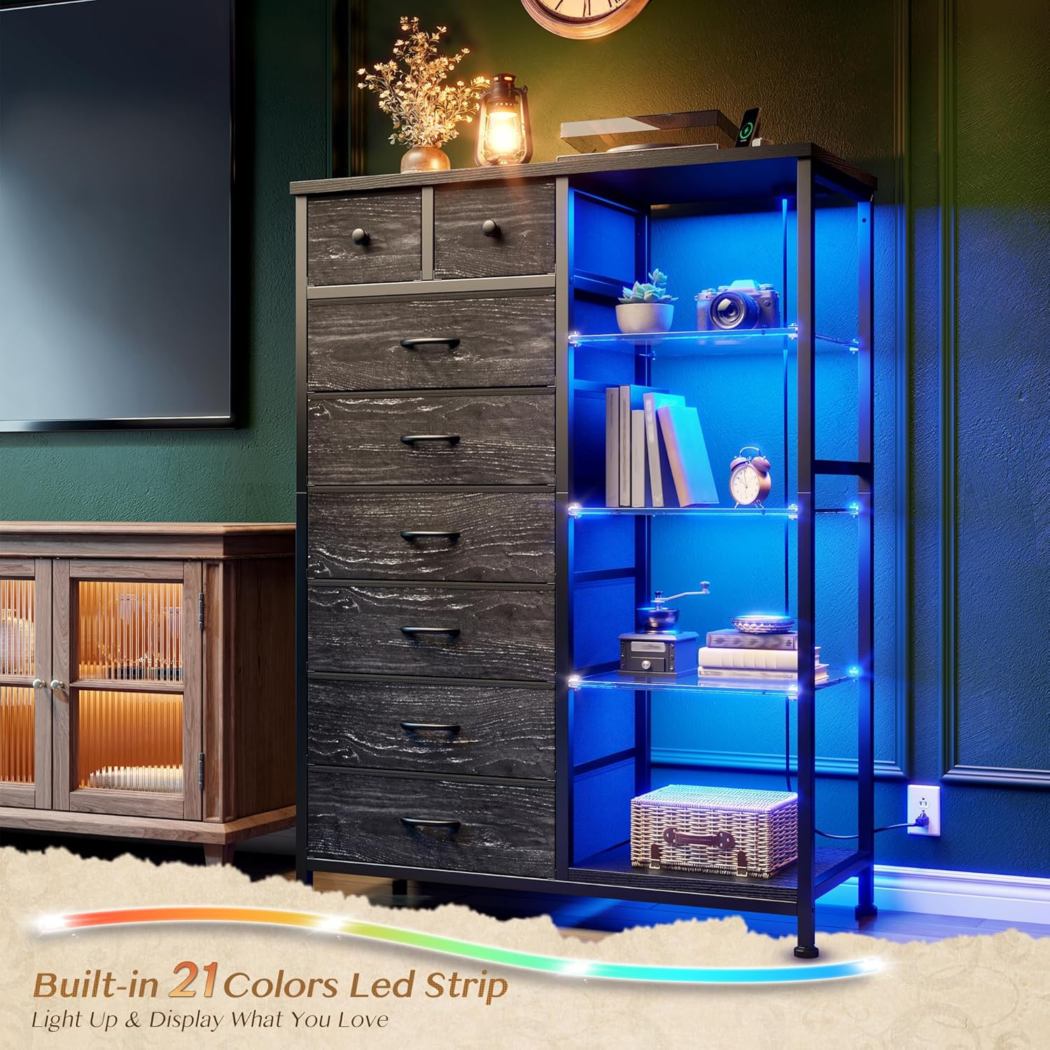 Enhomee 54" H Dresser for Bedroom with LED Lights & Power Outlets Dresser with 8