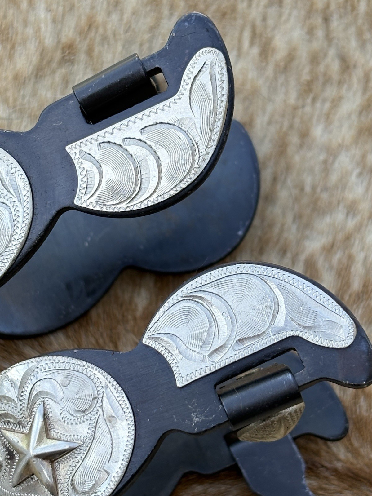 Men’s Size Black Steel Jingle Bob Spurs Engraved Silver PAIR Oversized Rowels