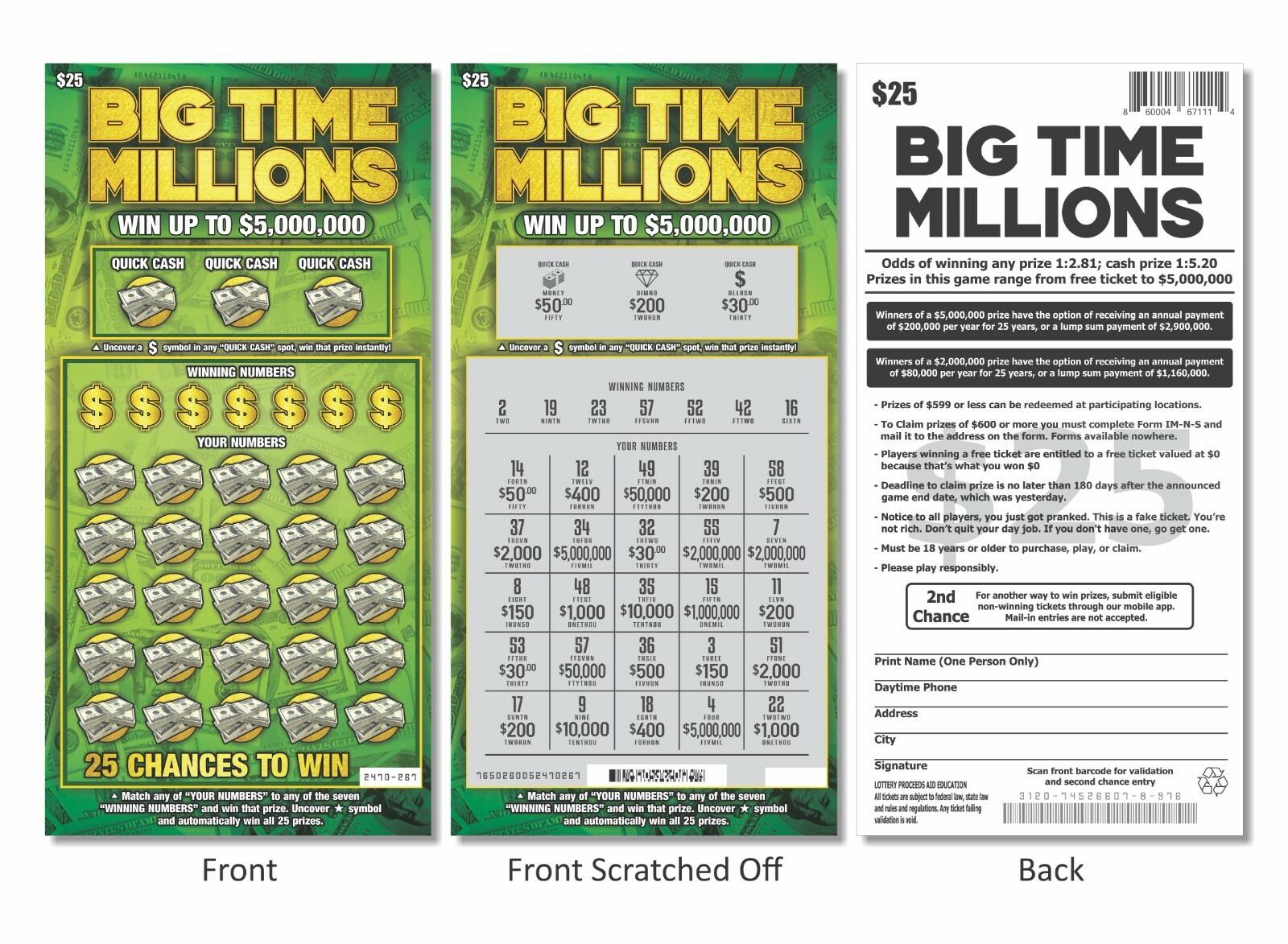 Prank Gag Fake Joke Lottery Tickets Lotto Scratch Off Cards 8 Tickets 4 of Each
