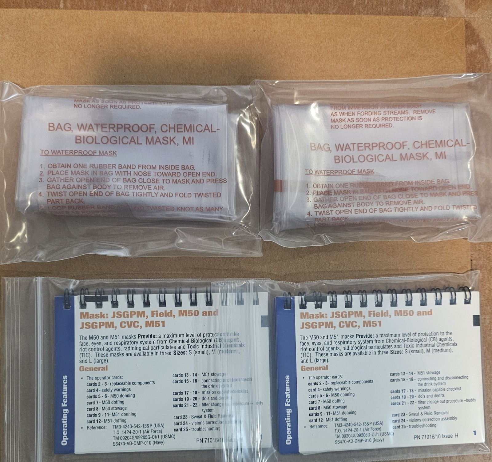 New! (2 SETS)  M50/M51 OPERATOR CARDS AND WATERPROOF CHEMICAL MASK BAGS