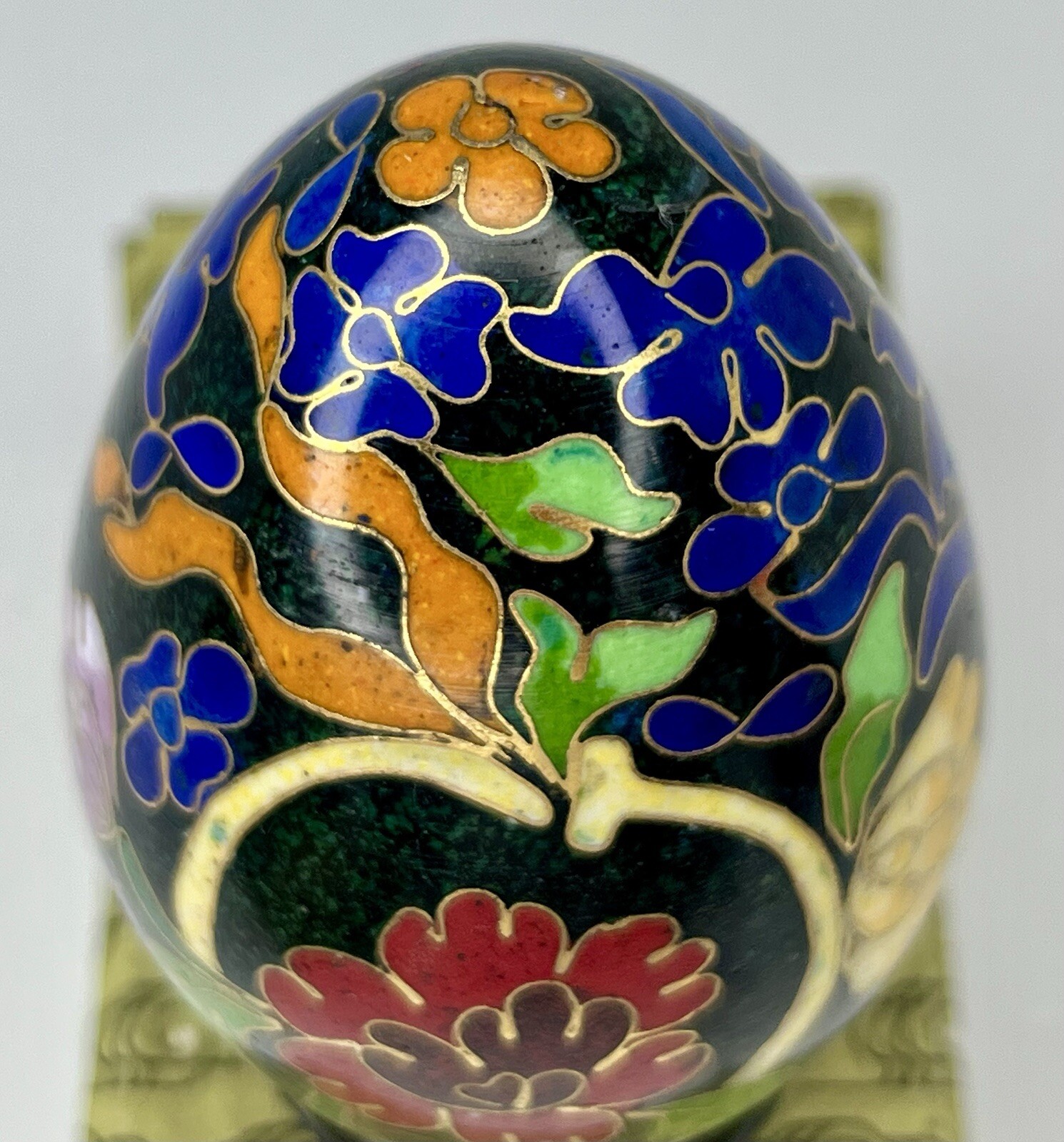 Vintage Chinese Black Cloisonné Enamel Copper Egg Pink Flowers Wood Stand In Box