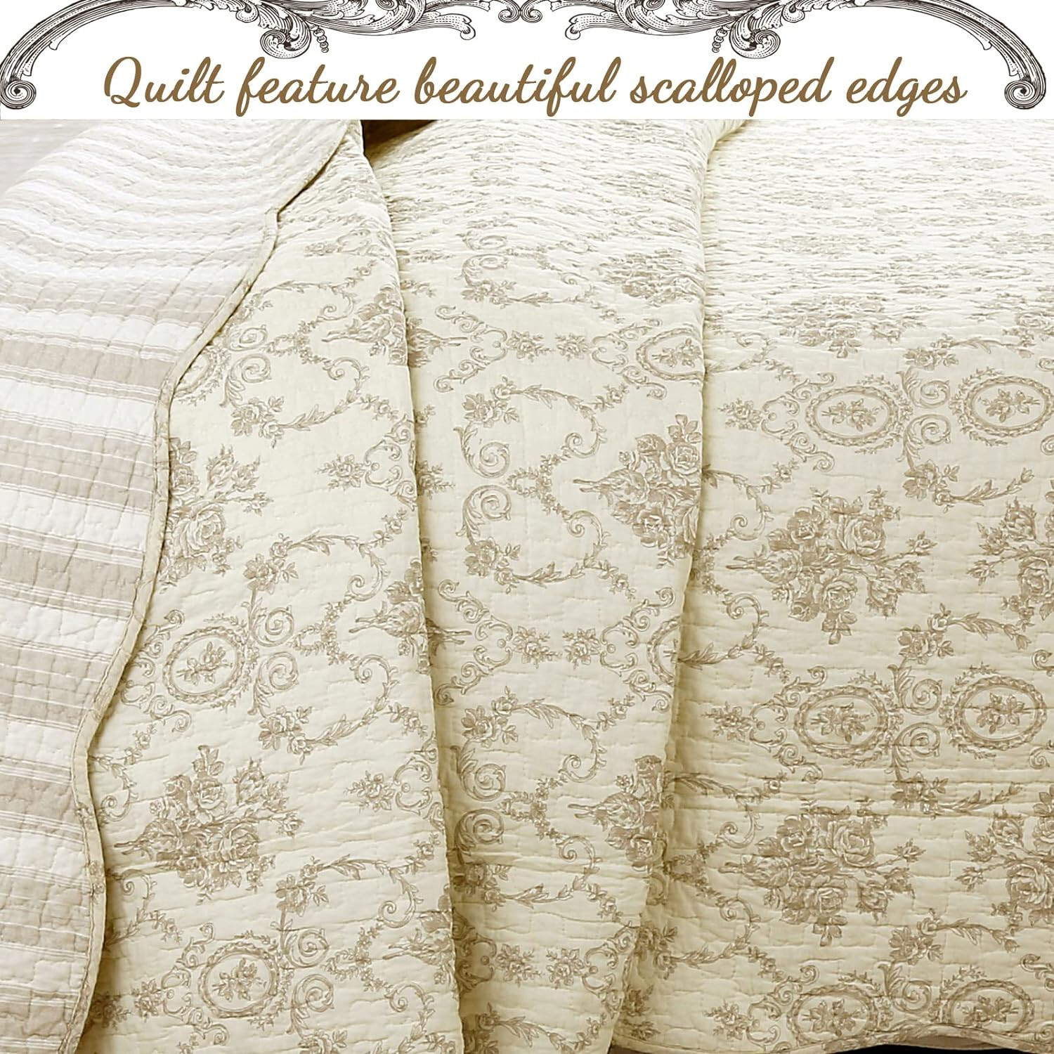 FRENCH IVORY MEDALLION 3p King QUILT SET: COZY COTTON TOILE STRIPE SHABBY FLORAL