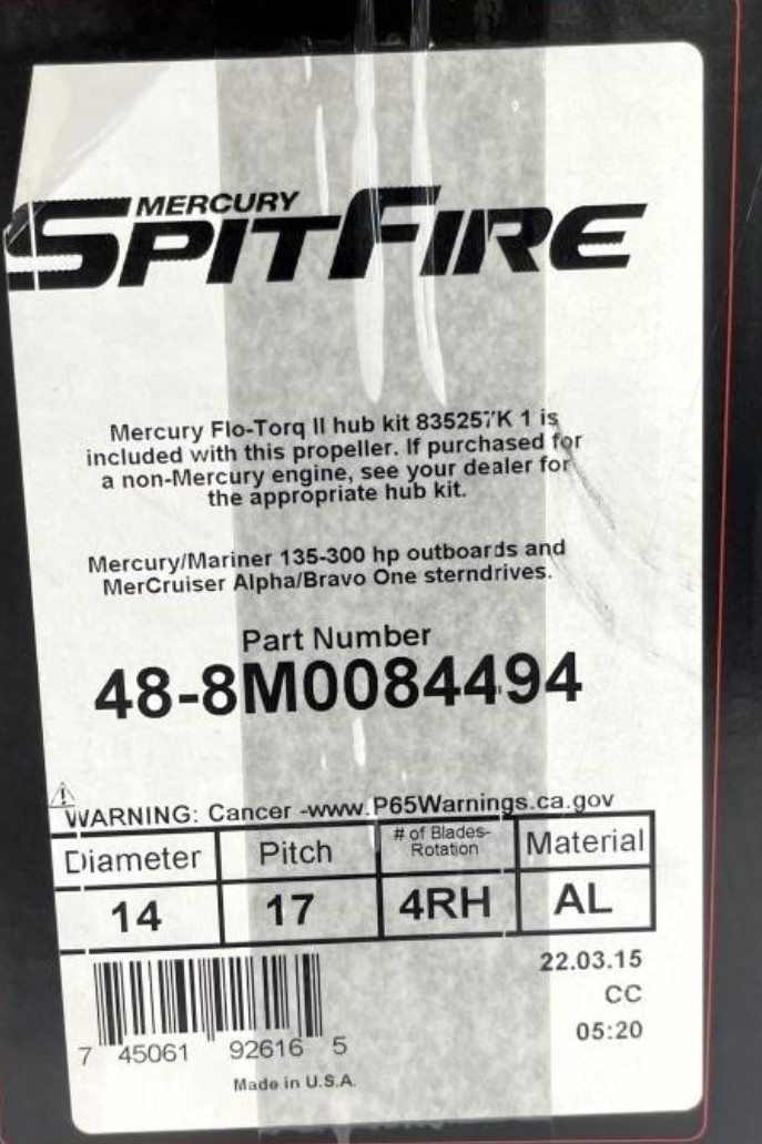 Mercury New OEM Spitfire 4 Blade Prop 14 x 17 Boat Propeller 48-8M0084494