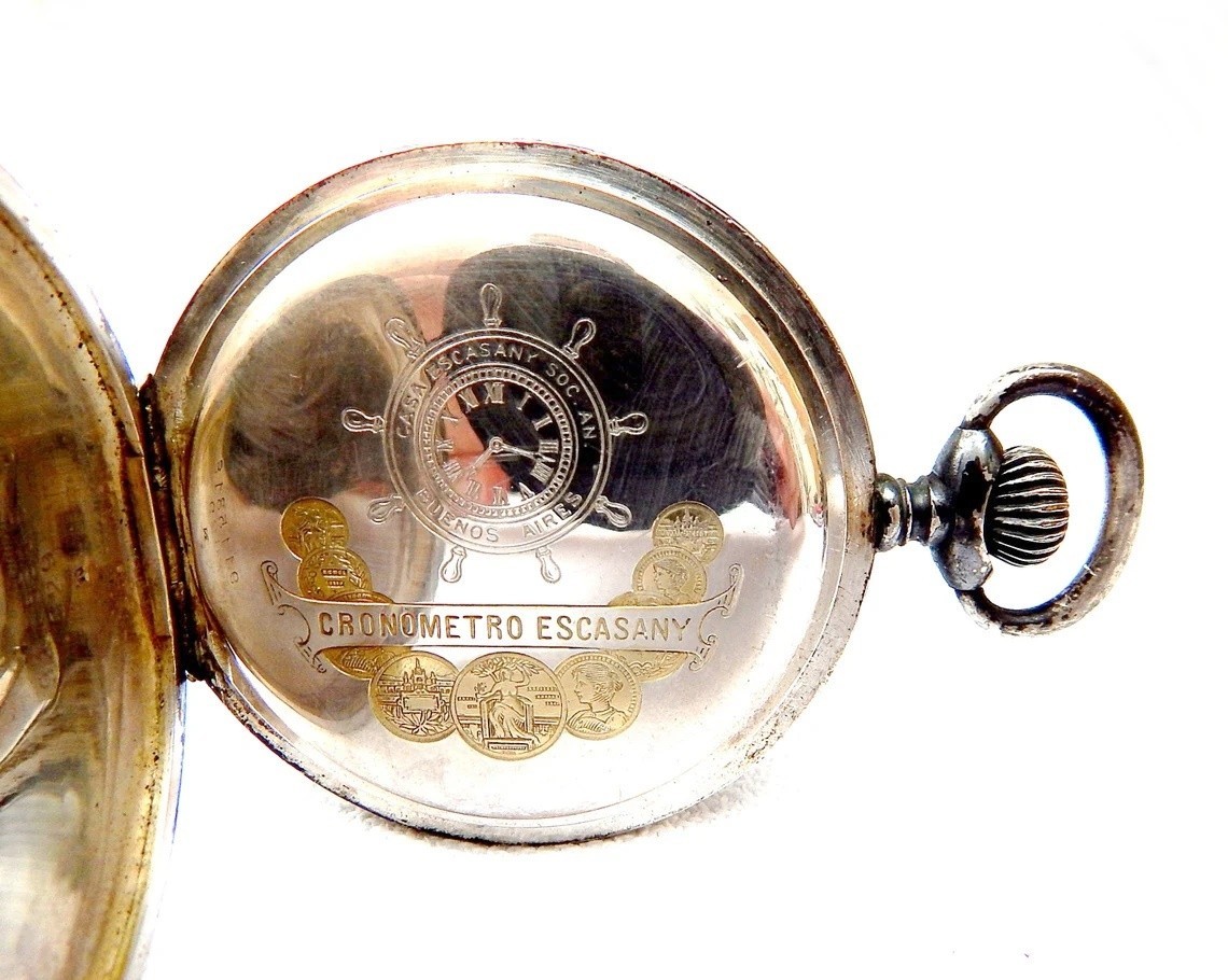 Pocket Watch Cronometro Escasany Dial Porcelain Case Silver 53mm 1910c Working