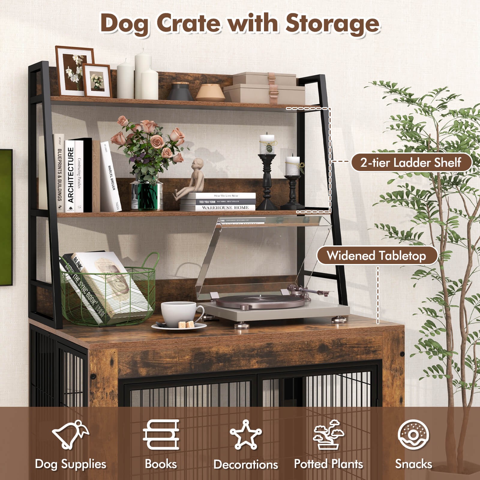 Dog Crate Furniture with Storage Shelves Industrial Dog Kennel w/ Flip-up Top