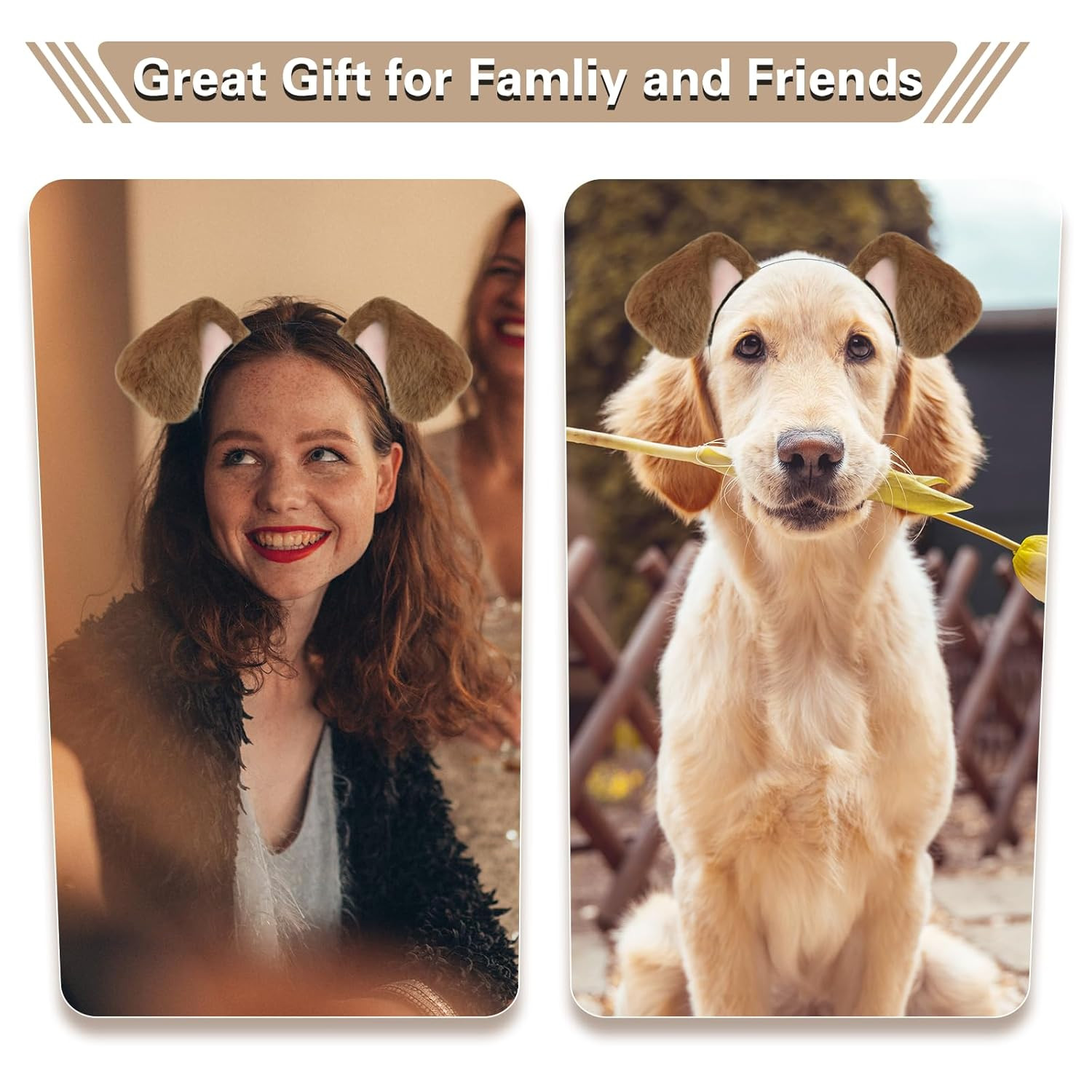 Dog Ears Golden Movable, Realistic Animals Ears Headband Brown, Fluffy Cat Bu...