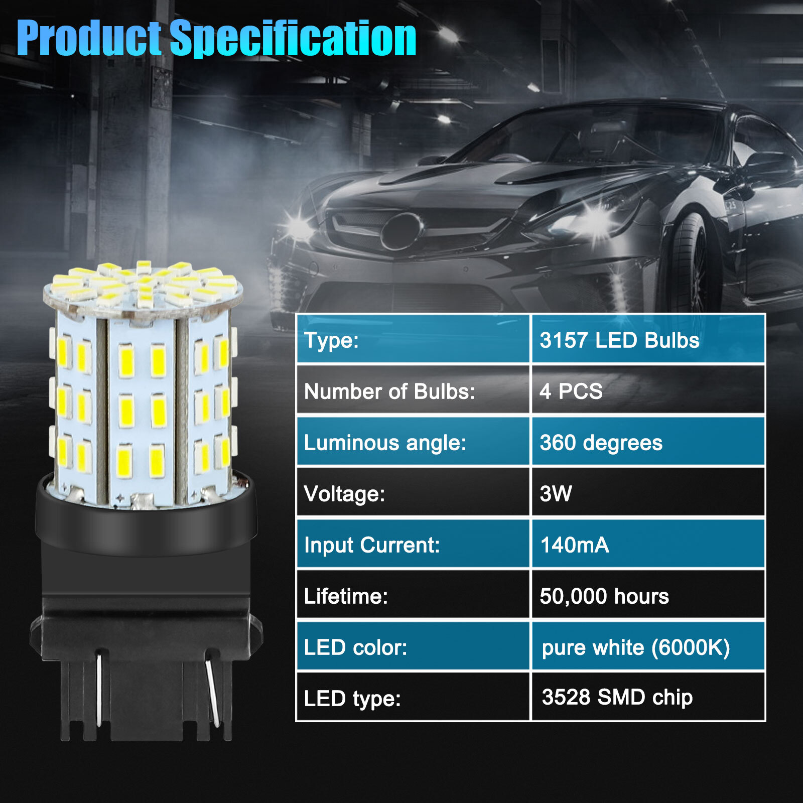 4X 3157 64SMD LED Reverse Tail Brake Stop Turn Signal DRL Light Bulb 6000K White