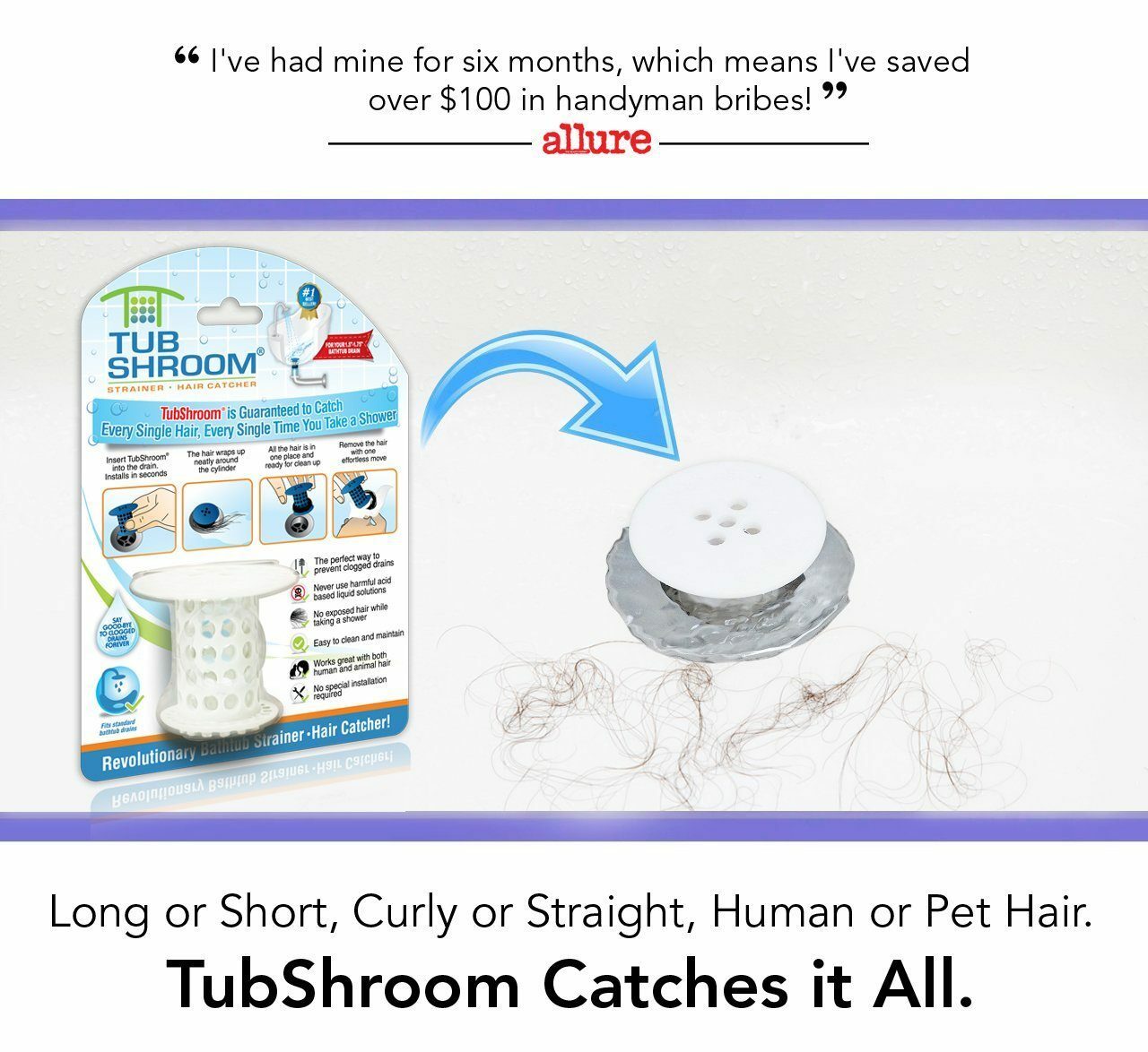 TubShroom® White Revolutionary Hair Catcher Drain Protector Snare, No More Clogs