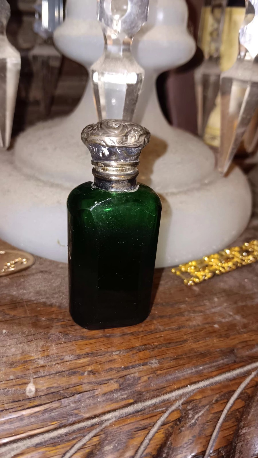 Antique Green Faceted Glass And Sterling Scent Bottle