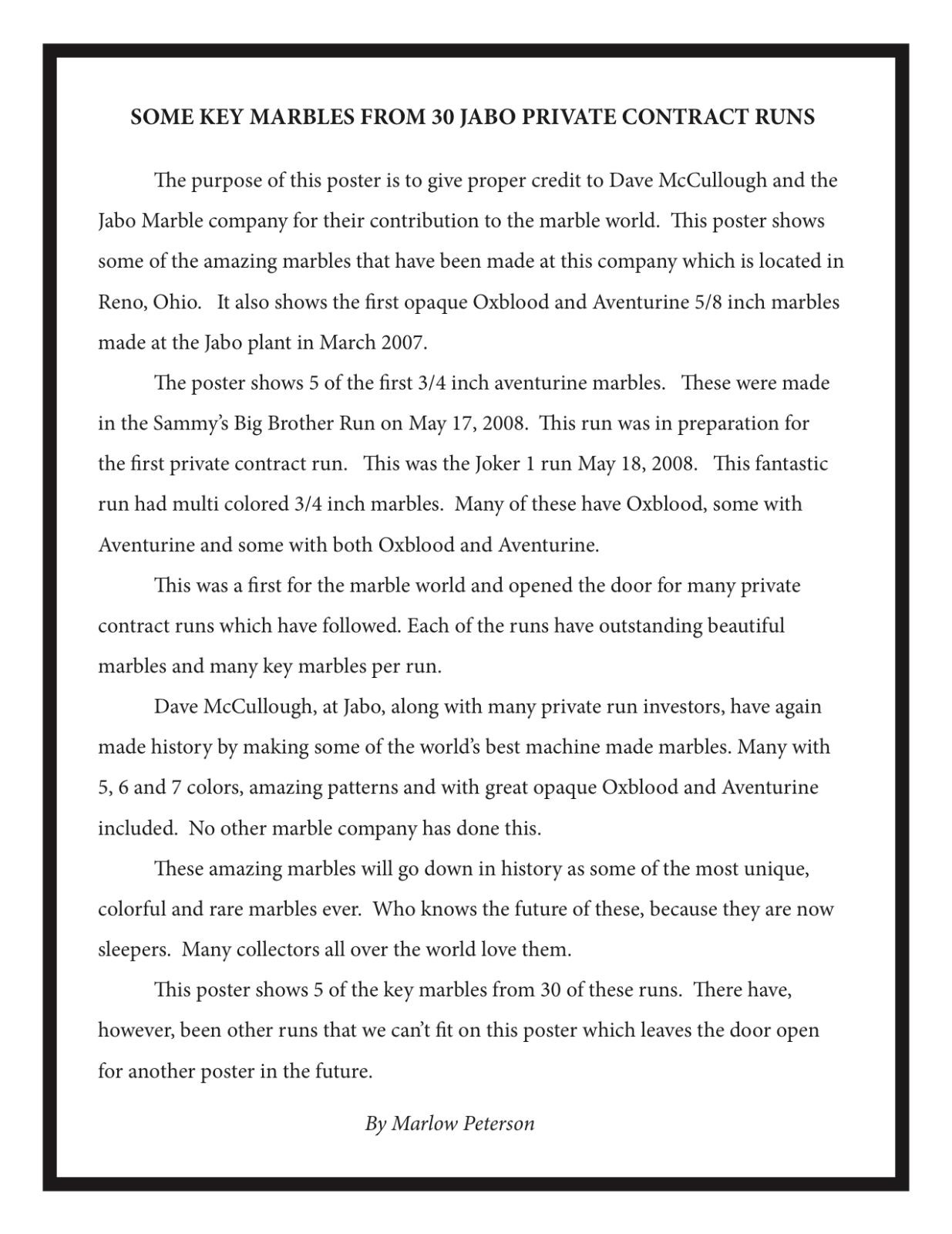 30 JABO SPECIAL CONTRACT MARBLE RUNS UNLAMINATED POSTER & LETTER AWESOME MINT!!