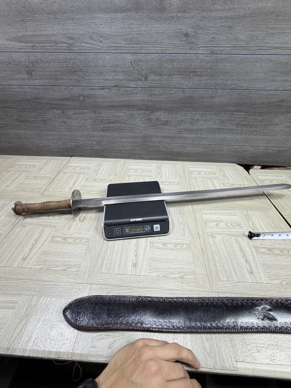 Pakistan Reproduction Battle Sword W Leather Sheath Wood Handle Metal Blade Vtg