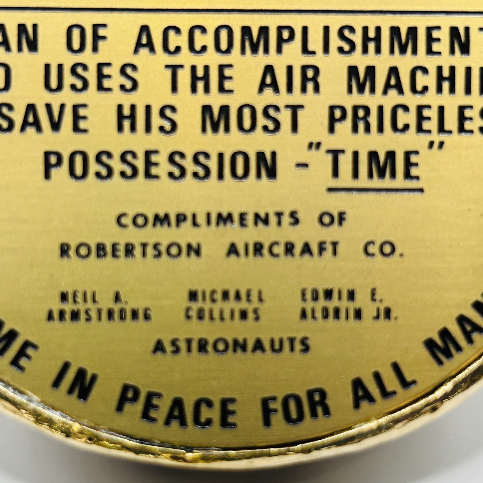 Vintage Apollo 11 Moon Landing Brass Paper Weight Robertson Aircrafts Astronauts