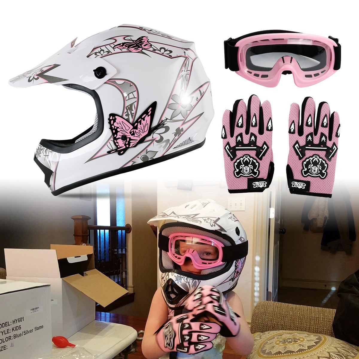 DOT Youth Kids Butterfly Dirt Bike Off Road ATV Helmet Motocross Goggles+Gloves