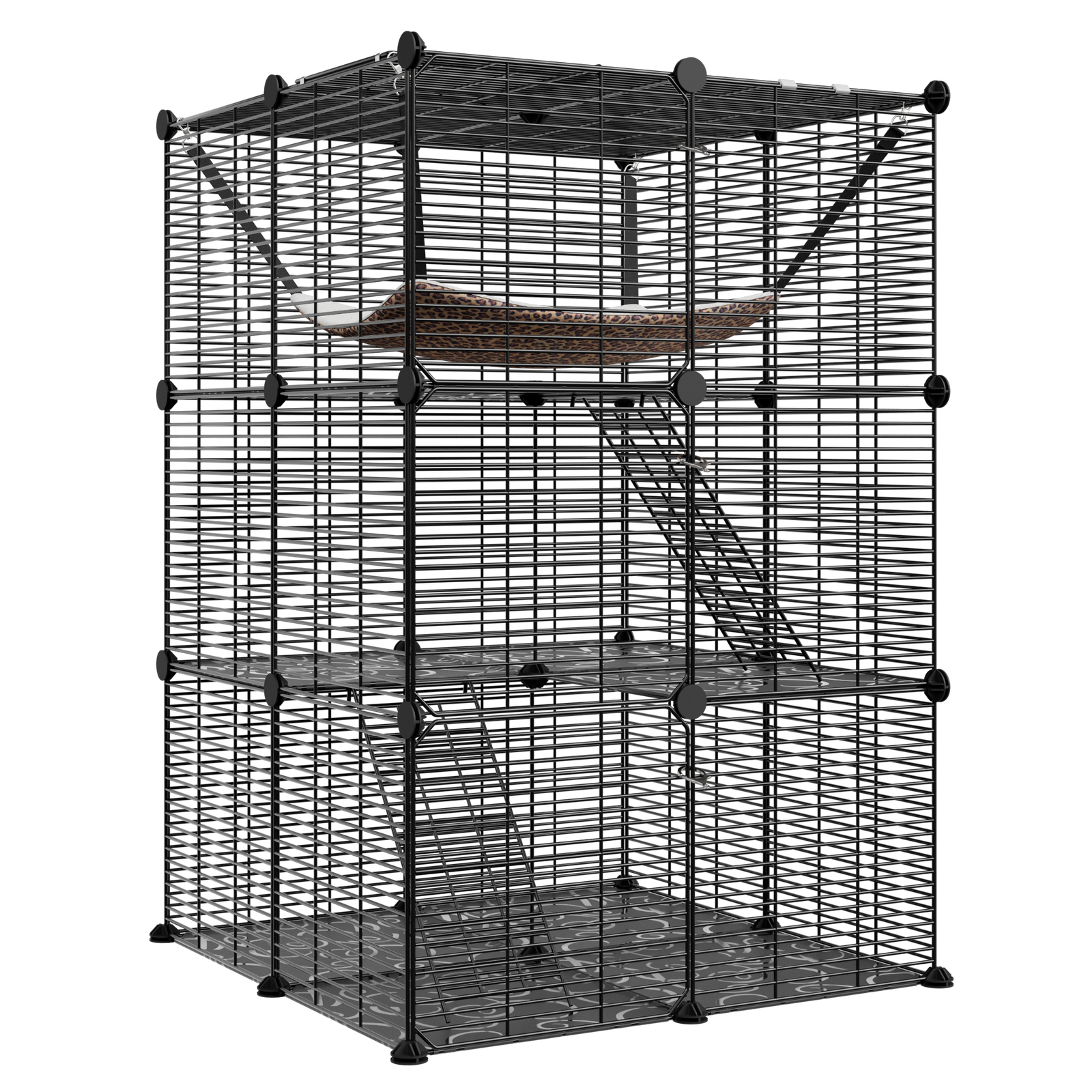 3-Tiers Cat Cage Enclosure Metal Wire Cat Kennel Playpen w/ Hammock for 1-2 Cats