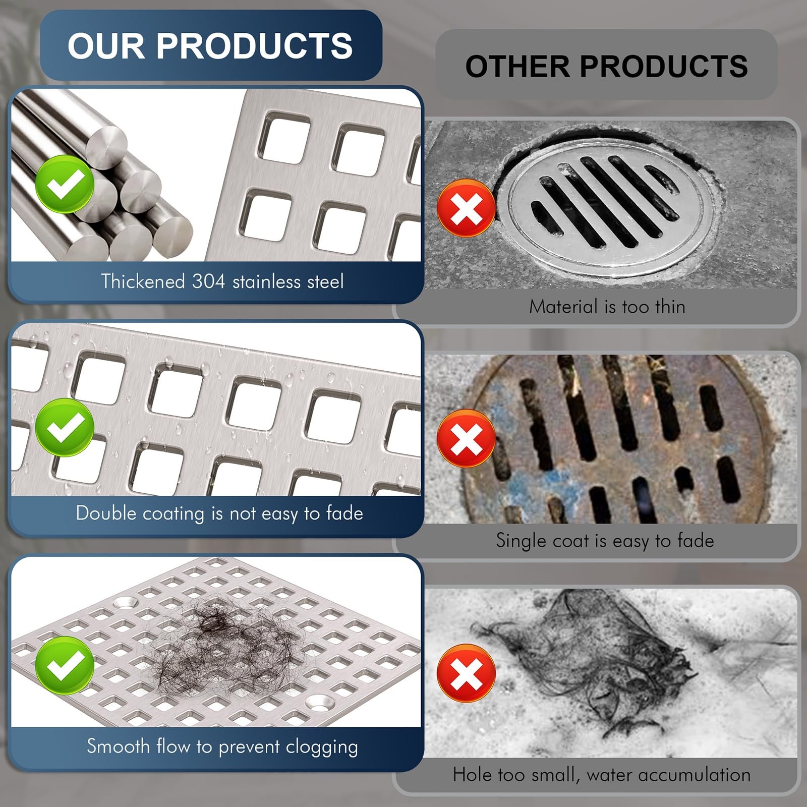 4 Inch Brushed Nickel Square Shower Drain Cover SUS304 Stainless Steel