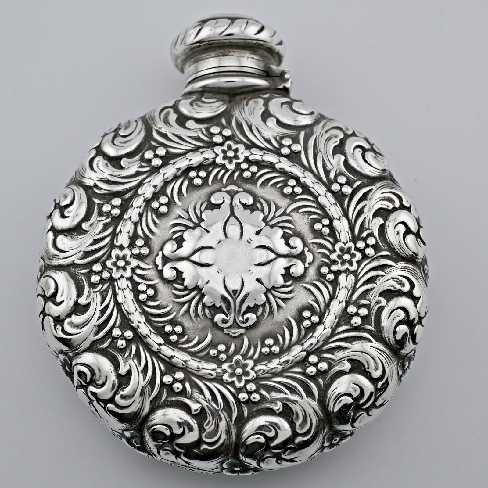 RARE Sterling Silver Tiffany & Co. Flask Aesthetic ornate scroll c1890 ~3/4 Gill