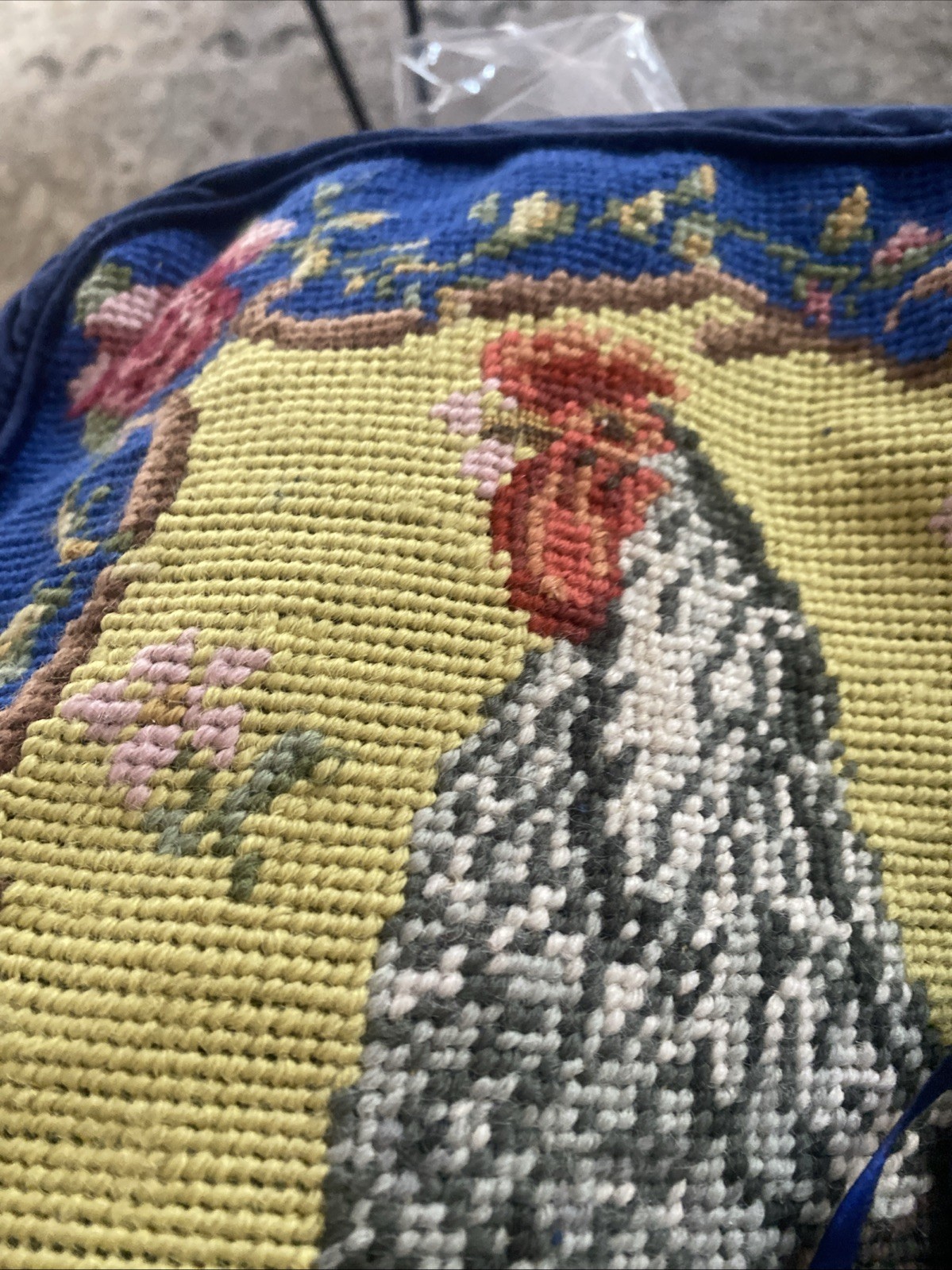 17x17” Rooster Needlepoint Chair Cushion Cover Case French Country Blue Flowers