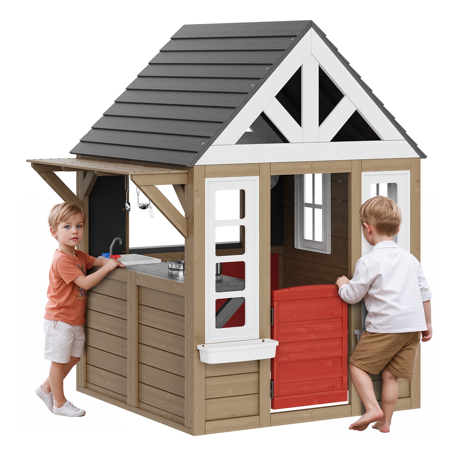 Uimoso Outdoor Wooden Playhouse Kids Garden Games Cottage with Door Window Sink