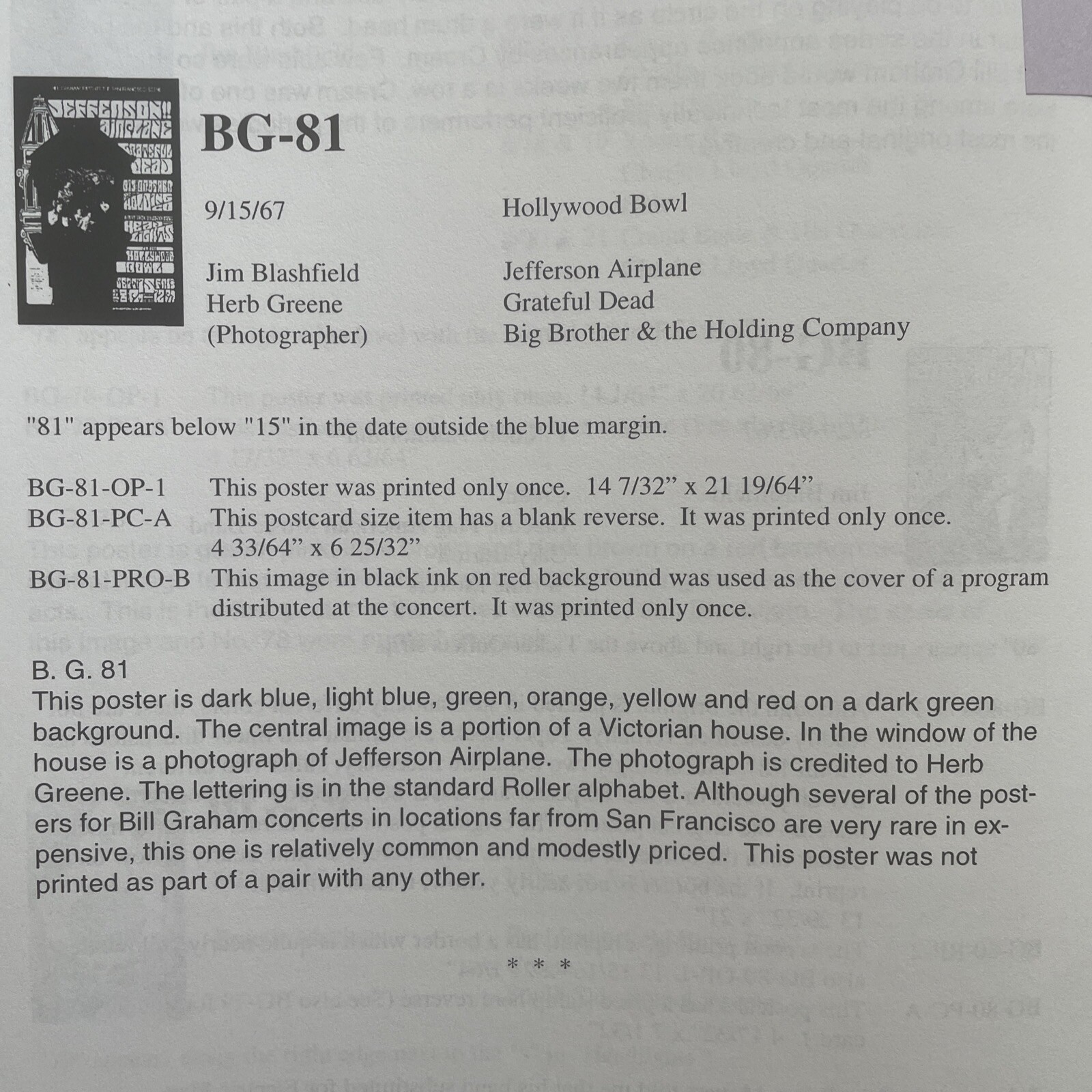 1967 Jefferson Airplane, Grateful Dead, HOLLYWOOD BOWL BG-81 Poster