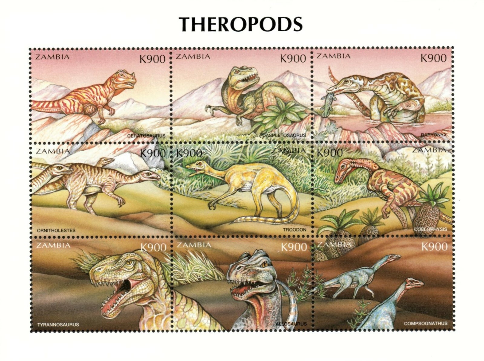 Zambia 1999 - Theropods Dinosaurs T-Rex - Sheet of 9 Stamps - Scott 791 - MNH