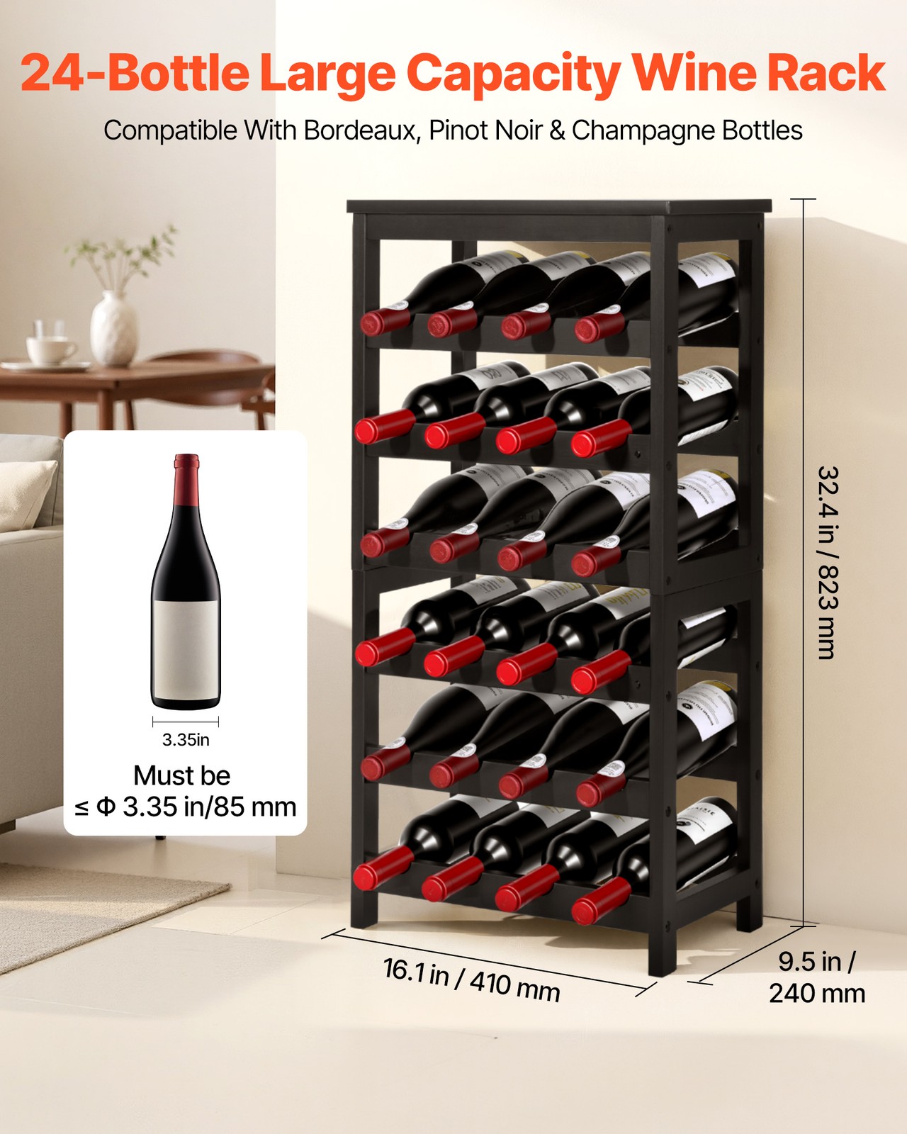 VEVOR 24 Bottle Wine Rack Freestanding Floor Display Storage Shelves 6-Tier