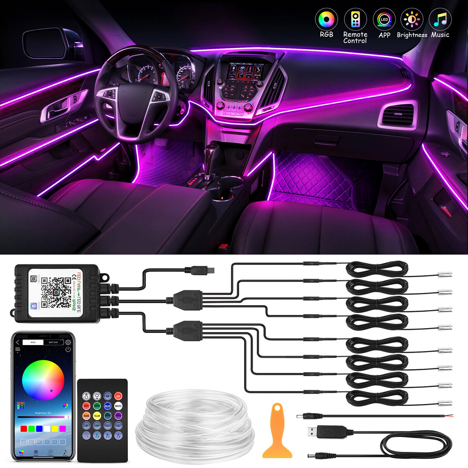 Interior Car LED Strip Lights RGB 8 in 1 Neon Ambient Decor Atmosphere Lights US