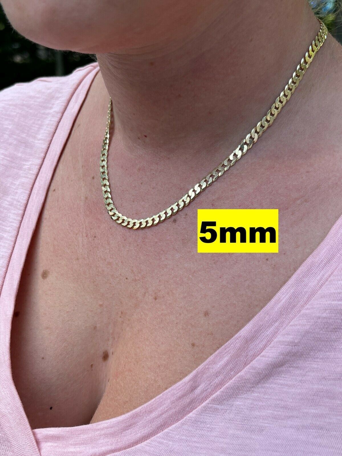 REAL Solid 925 Silver 14k Gold Plated Flat Cuban Link Chain Necklace 3mm - 11mm