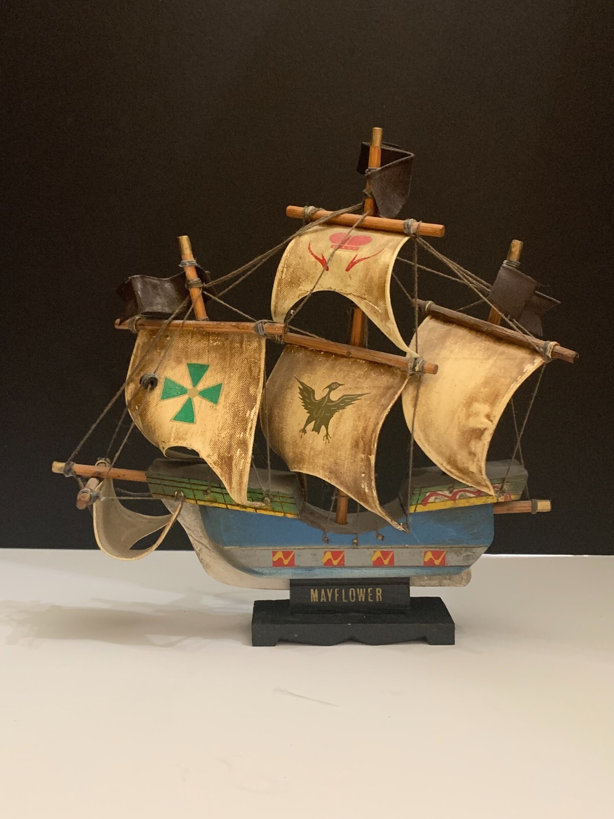 Vintage Mayflower Ship Figure Wood and Cloth