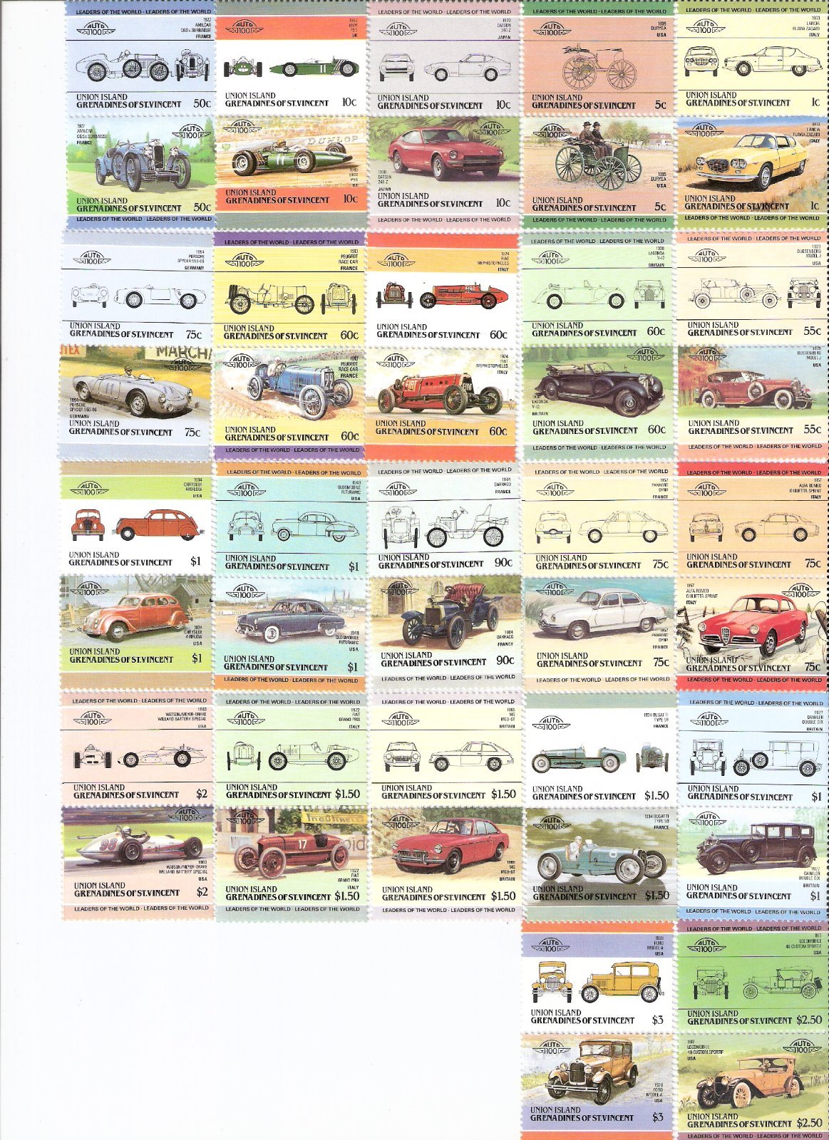Union Island 1985 Classic Cars Se-Tenant Pairs Complete Set MNH (SC# 142-163)