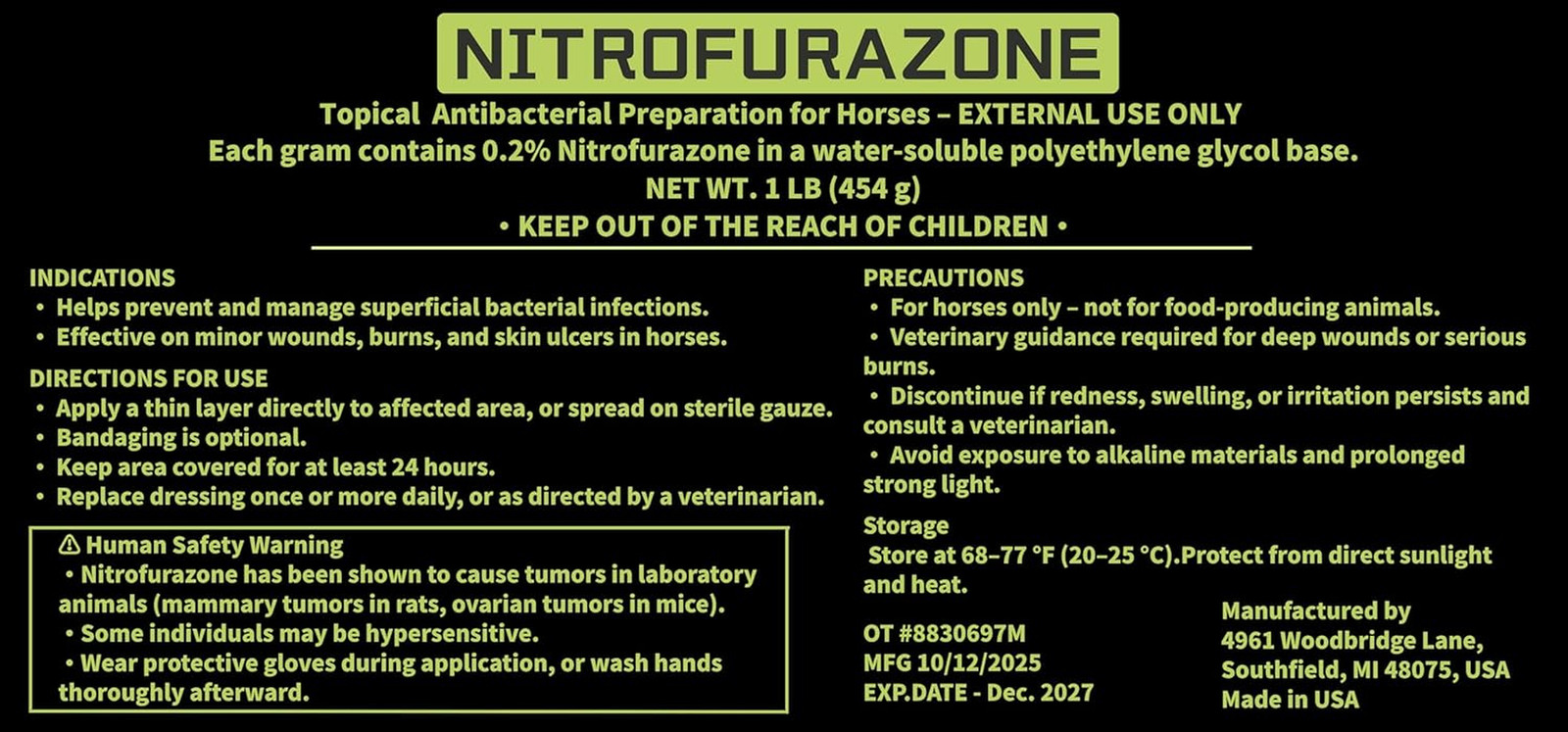 Treatment for Horses,Nitrofurazone,Natural Equine Wound Care,1Lb