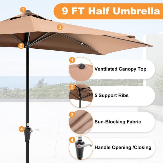 Gianna 9FT Half Patio Umbrella w/ Crank Scalloped Sun Shade Balcony Khaki