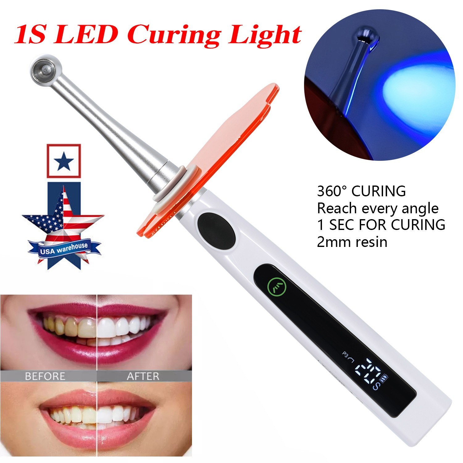 Dental Wireless Cordless LED Cure Curing Light Lamp 2400mw 5W Tool Resin 1 Sec