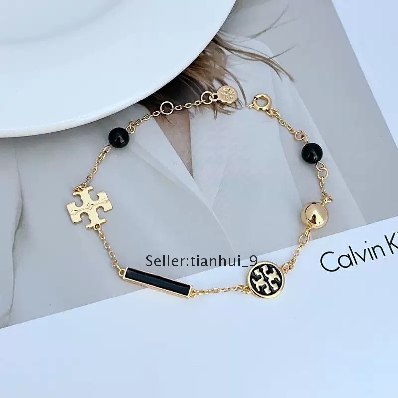 New! Tory Gold Plated Black TB Logo Bracelet with Jewelry Pouch Size:22cm