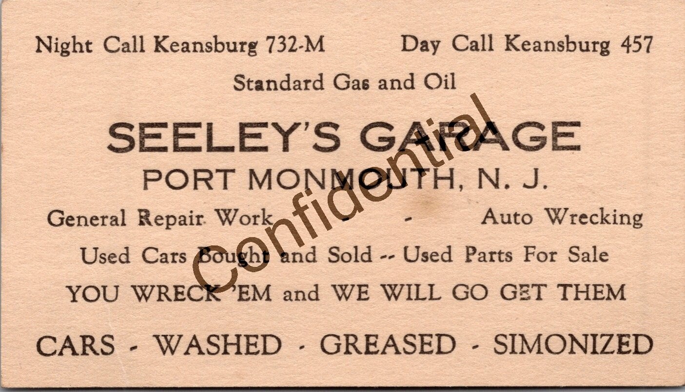Vintage Early Seely's Auto Garage Port Monmouth NJ Advertising Business Card K97