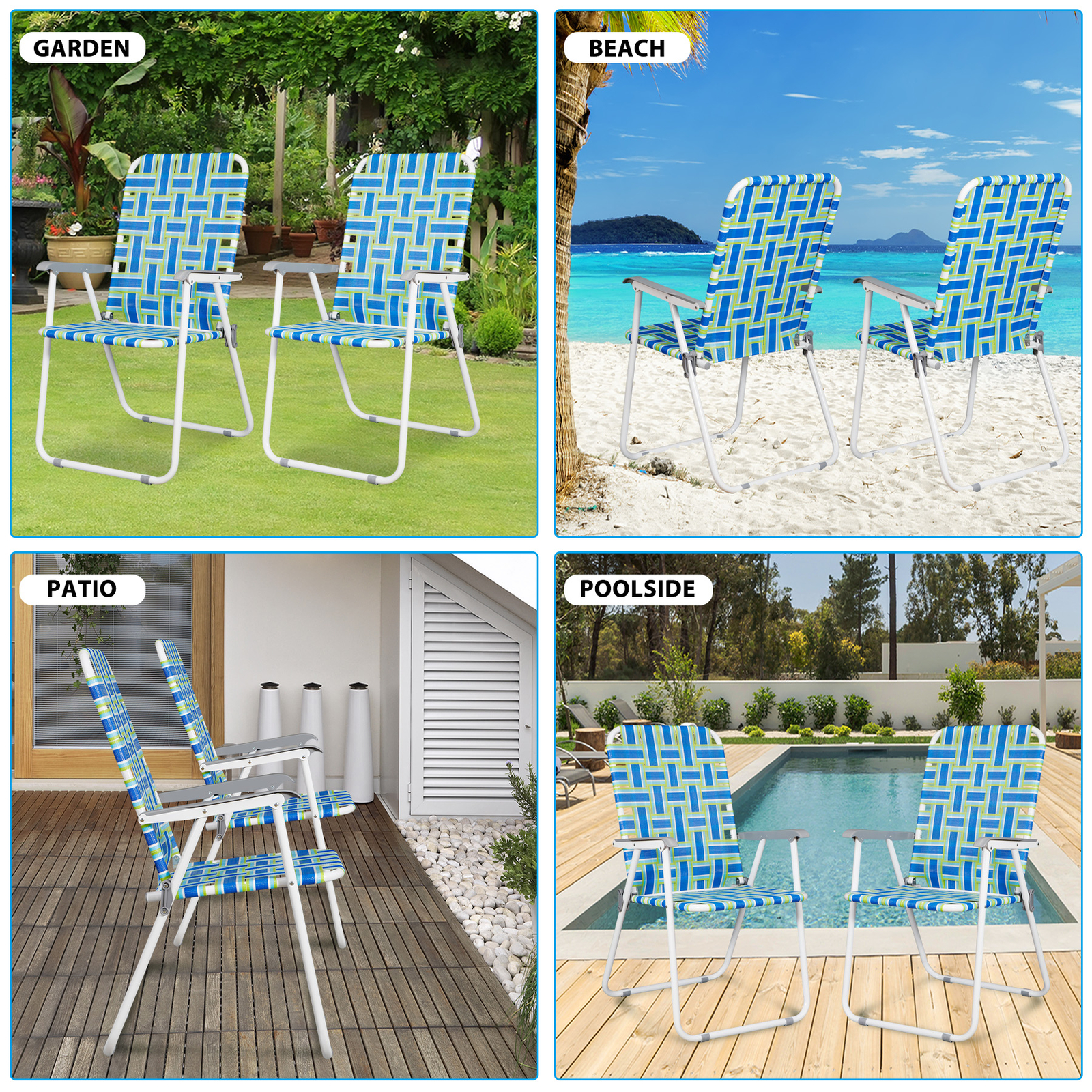 Metal Frame Blue Beach Chairs Set of 2 Webbed Folding Patio Lawn Camping Chairs