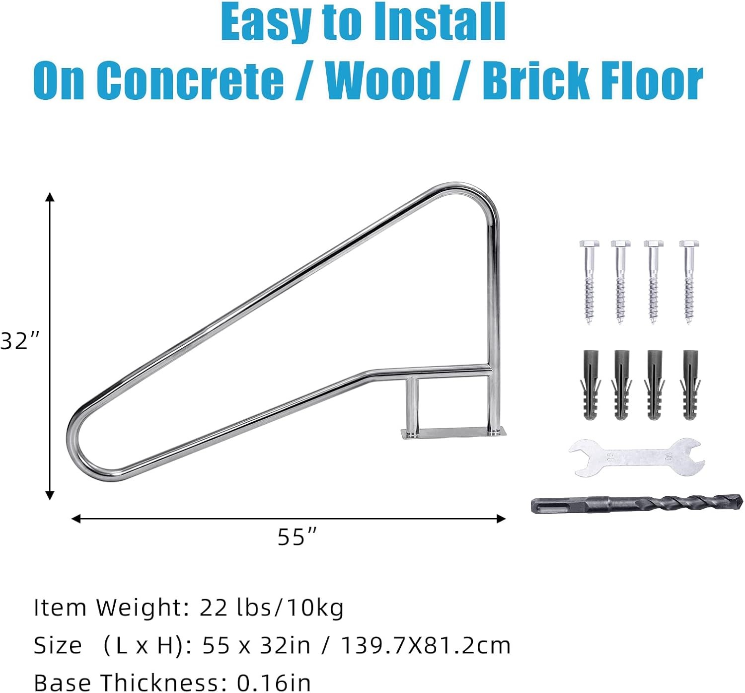 55"x32" Swimming Pool Handrail 385LBS 304 Stainless Steel Non-Slip Pool Railings