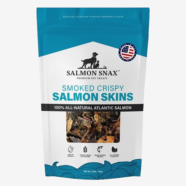 SALMON SNAX SMOKED CRISPY SALMON SKINS PET TREATS  EXP: 2027  MADE IN USA 12 OZ.